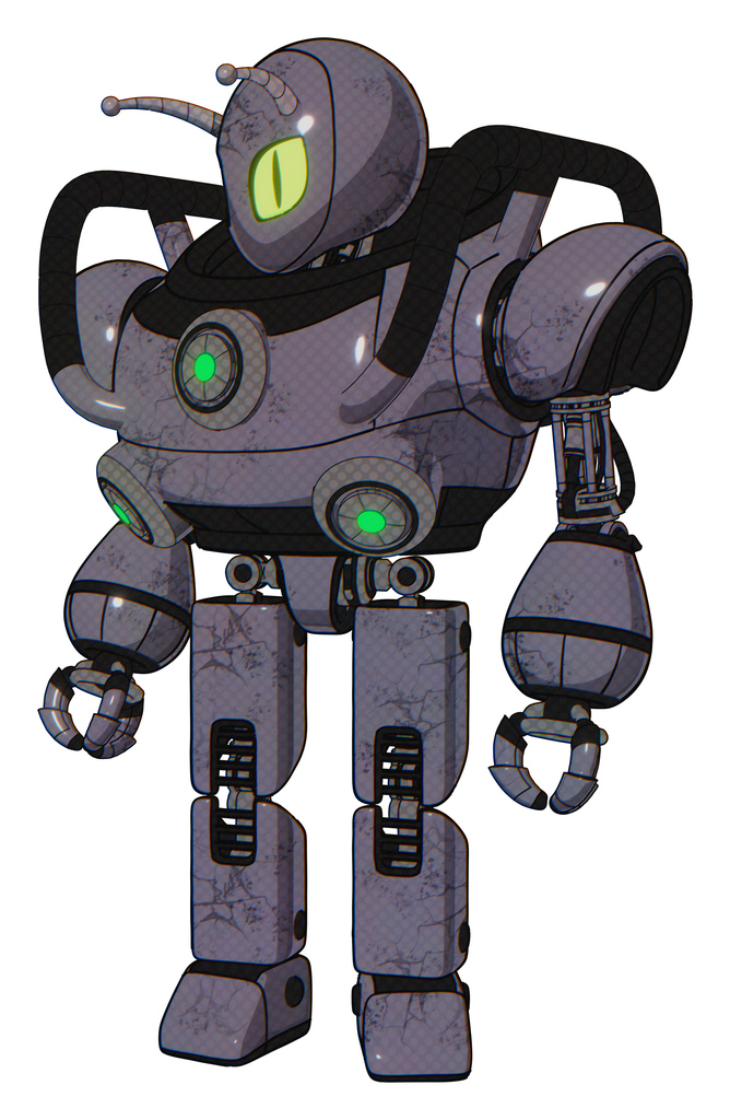 Automaton containing grey alien style head and cat's eyes and bug antennas and heavy upper chest and chest green energy cores and prototype exoplate legs. Light lavender metal.