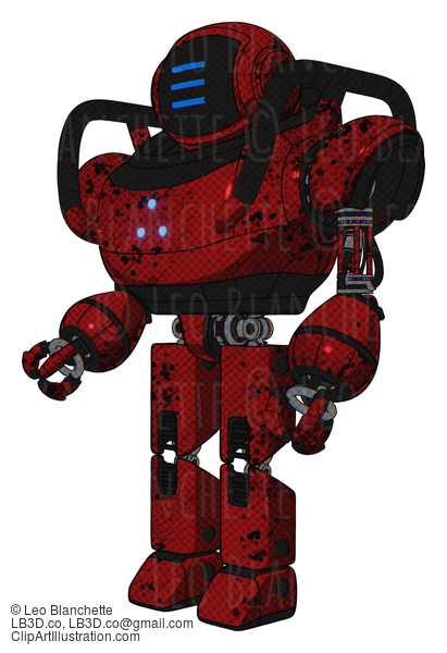 Android Containing Digital Display Head And Three Horizontal Line Design And Heavy Upper Chest And Triangle Of Blue Leds And Prototype Exoplate Legs. Grunge Dots Dark Red. Facing Right View. #19721