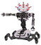 Bot containing red and white cone dome head and heavy upper chest and no chest plating and insect walker legs. White halftone toon. Arm out holding invisible object..