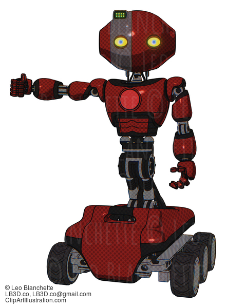 Android Containing Oval Wide Head And Yellow Eyes And Green Led Ornament And Light Chest Exoshielding And Red Chest Button And Six-Wheeler Base. Matted Red. Arm Out Holding Invisible Object.. #19729