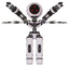 Droid containing three led eyes round head and light chest exoshielding and minigun back assembly and no chest plating and prototype exoplate legs. White halftone toon. T-pose.