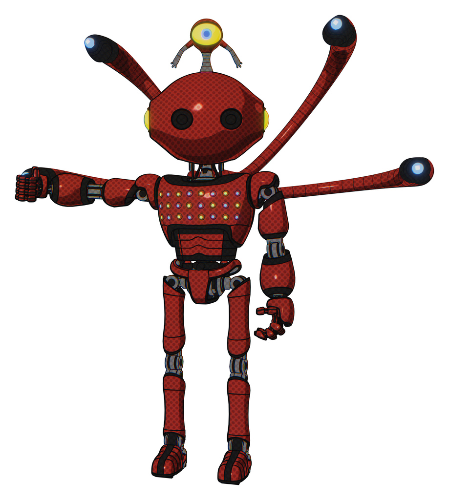 Bot containing oval wide head and minibot ornament and light chest exoshielding and chest green blue lights array and blue-eye cam cable tentacles and ultralight foot exosuit. Cherry tomato red.