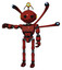 Bot containing oval wide head and minibot ornament and light chest exoshielding and chest green blue lights array and blue-eye cam cable tentacles and ultralight foot exosuit. Cherry tomato red.