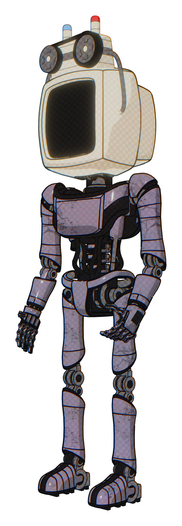 Automaton containing old computer monitor and old computer magnetic tape and light chest exoshielding and ultralight chest exosuit and ultralight foot exosuit. Matted pink metal. Facing right view.