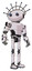 Bot containing oval wide head and telescopic steampunk eyes and techno halo ornament and light chest exoshielding and prototype exoplate chest and ultralight foot exosuit. White halftone toon.