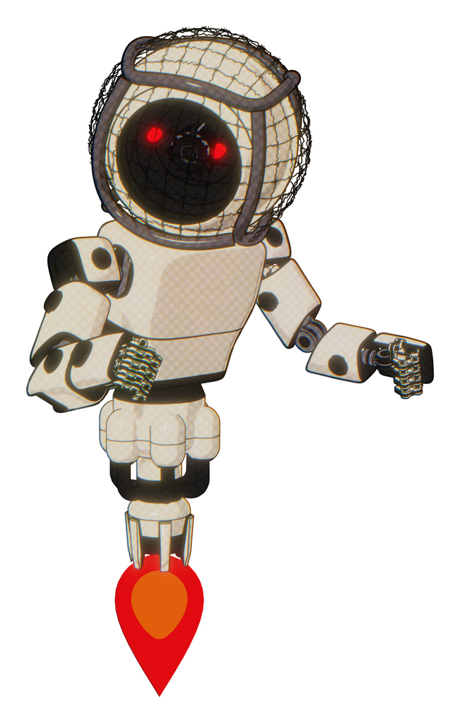 Cyborg containing round barbed wire round head and light chest exoshielding and prototype exoplate chest and jet propulsion. Off white toon. Fight or defense pose..