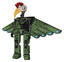 Robot containing bird skull head and white eyeballs and chicken design and light chest exoshielding and cherub wings design and no chest plating and prototype exoplate legs. Grunge grass green.