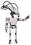 Droid containing flat elongated skull head and cables and light chest exoshielding and prototype exoplate chest and ultralight foot exosuit. White halftone toon. Pointing left or pushing a button..