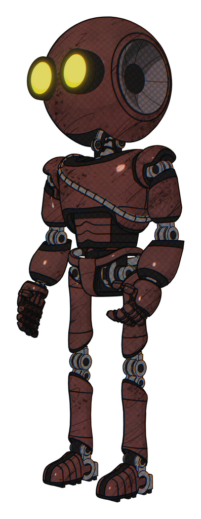 Cyborg containing round head and large yellow eyes and light chest exoshielding and cable sash and ultralight foot exosuit. Steampunk copper. Facing right view.