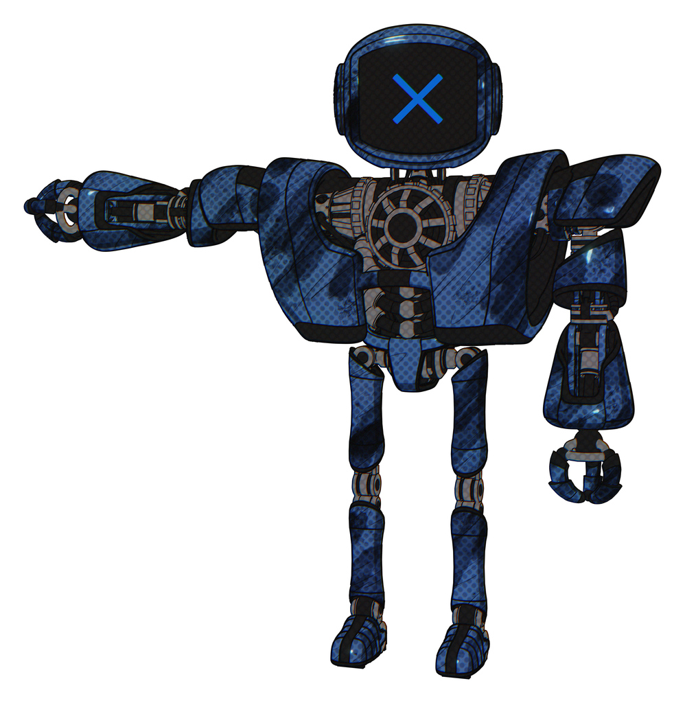 Robot containing digital display head and x face and heavy upper chest and heavy mech chest and ultralight foot exosuit. Grunge dark blue. Arm out holding invisible object..