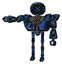 Robot containing digital display head and x face and heavy upper chest and heavy mech chest and ultralight foot exosuit. Grunge dark blue. Arm out holding invisible object..