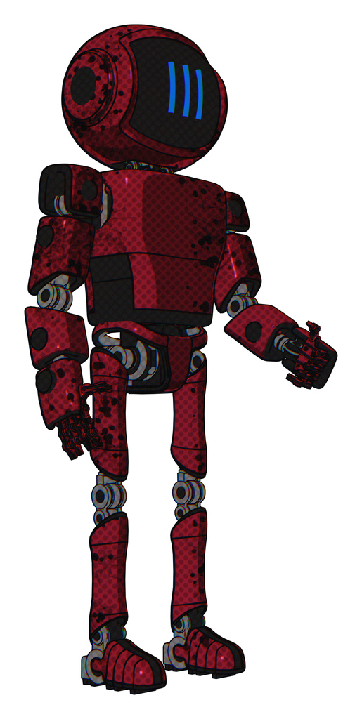Mech containing digital display head and three vertical line design and light chest exoshielding and prototype exoplate chest and ultralight foot exosuit. Grunge dots royal red. Facing left view.