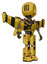 Robot containing round head and three lens sentinel visor and light chest exoshielding and stellar jet wing rocket pack and no chest plating and prototype exoplate legs. Construction yellow halftone.