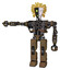 Mech containing humanoid face mask and two-face black white mask and heavy upper chest and no chest plating and prototype exoplate legs. Old copper. Arm out holding invisible object..