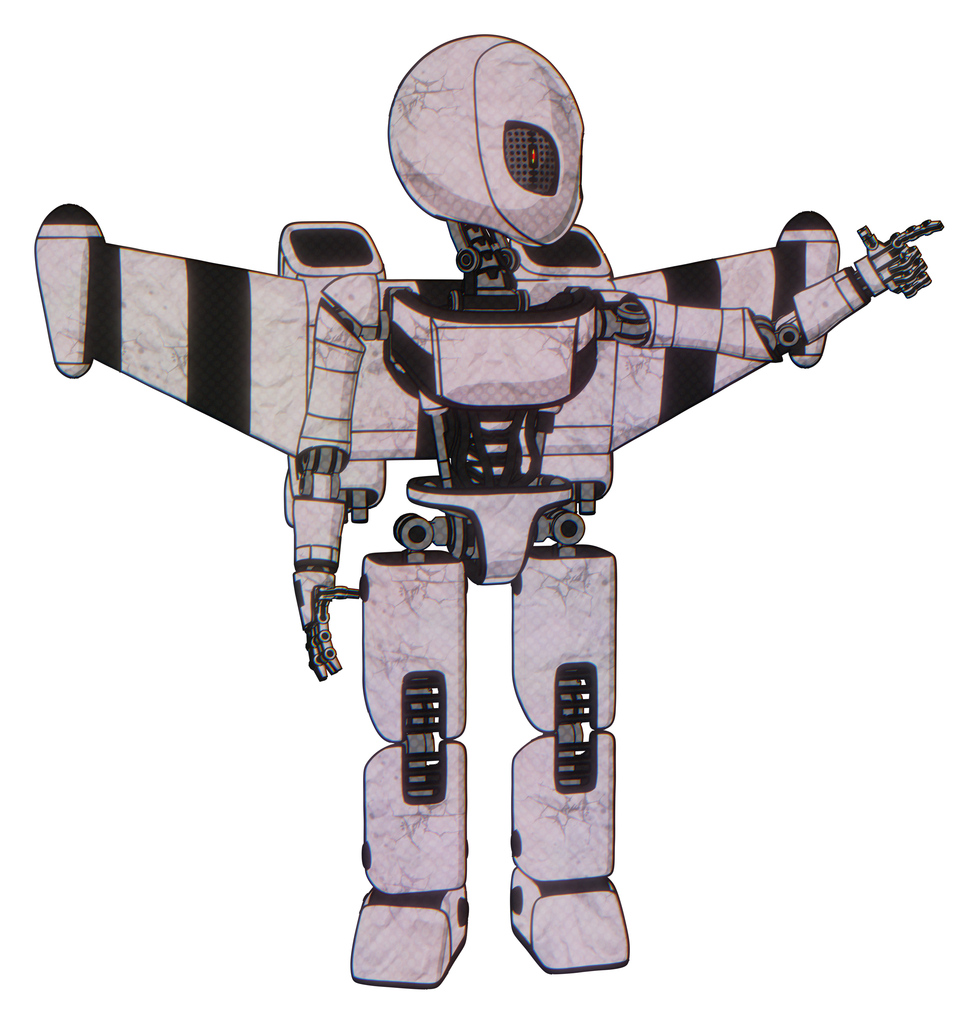 Droid containing grey alien style head and metal grate eyes and light chest exoshielding and ultralight chest exosuit and stellar jet wing rocket pack and prototype exoplate legs. Sketch pad light.