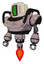 Droid containing old computer monitor and three lines pixel design and red buttons and heavy upper chest and jet propulsion. Gray metal. Standing looking right restful pose.