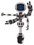 Bot containing digital display head and large eye and light chest exoshielding and minigun back assembly and no chest plating and unicycle wheel. White halftone toon.