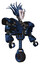 Droid containing humanoid face mask and war paint and heavy upper chest and heavy mech chest and unicycle wheel. Grunge dark blue. Facing left view.
