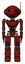 Robot containing oval wide head and small red led eyes and retro antenna with light and light chest exoshielding and ultralight chest exosuit and prototype exoplate legs. Matted red. Front view.