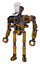 Droid containing humanoid face mask and heavy upper chest and no chest plating and ultralight foot exosuit. Worn construction yellow. Standing looking right restful pose.