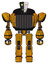 Automaton containing humanoid face mask and two-face black white mask and heavy upper chest and chest vents and prototype exoplate legs. Worn construction yellow. Front view.
