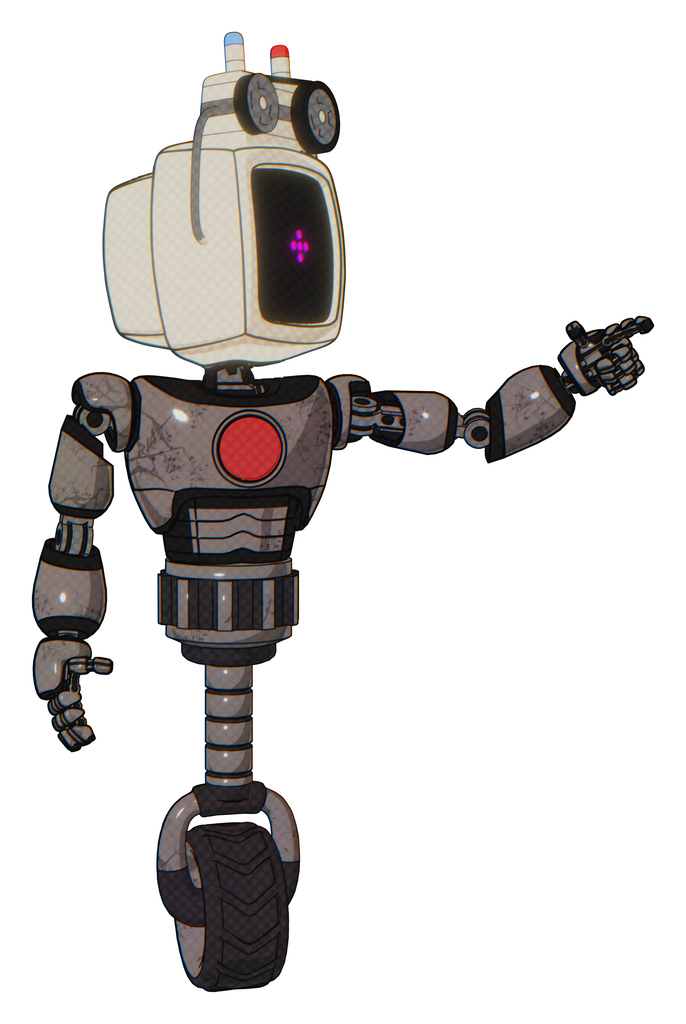 Android containing old computer monitor and magenta symbol display and old computer magnetic tape and light chest exoshielding and red chest button and unicycle wheel. Light pink beige.