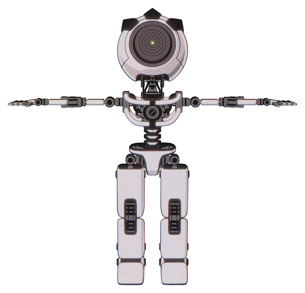 Bot containing green dot eye corn row plastic hair and light chest exoshielding and no chest plating and prototype exoplate legs. White halftone toon. T-pose.