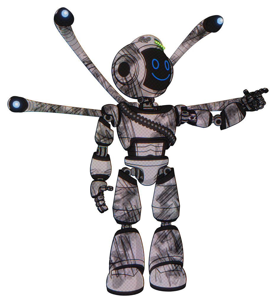 Mech containing digital display head and happy face and green led array and light chest exoshielding and rubber chain sash and blue-eye cam cable tentacles and light leg exoshielding. Scribble sketch.