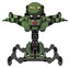 Robot containing oval wide head and yellow eyes and light chest exoshielding and red energy core and stellar jet wing rocket pack and insect walker legs. Grass green. T-pose.