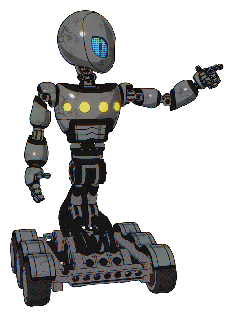 Robot containing grey alien style head and blue grate eyes and light chest exoshielding and yellow chest lights and six-wheeler base. Patent concrete gray metal. Pointing left or pushing a button..