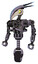 Bot containing bird skull head and big yellow eyes and head shield design and heavy upper chest and no chest plating and unicycle wheel. Matted pink metal. Standing looking right restful pose.