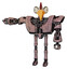 Bot containing bird skull head and bone skull eye holes and chicken design and heavy upper chest and heavy mech chest and ultralight foot exosuit. Powder pink metal. Arm out holding invisible object..