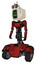 Automaton containing old computer monitor and angry pixels face and old computer magnetic tape and light chest exoshielding and ultralight chest exosuit and tank tracks. Grunge dots cherry tomato red.