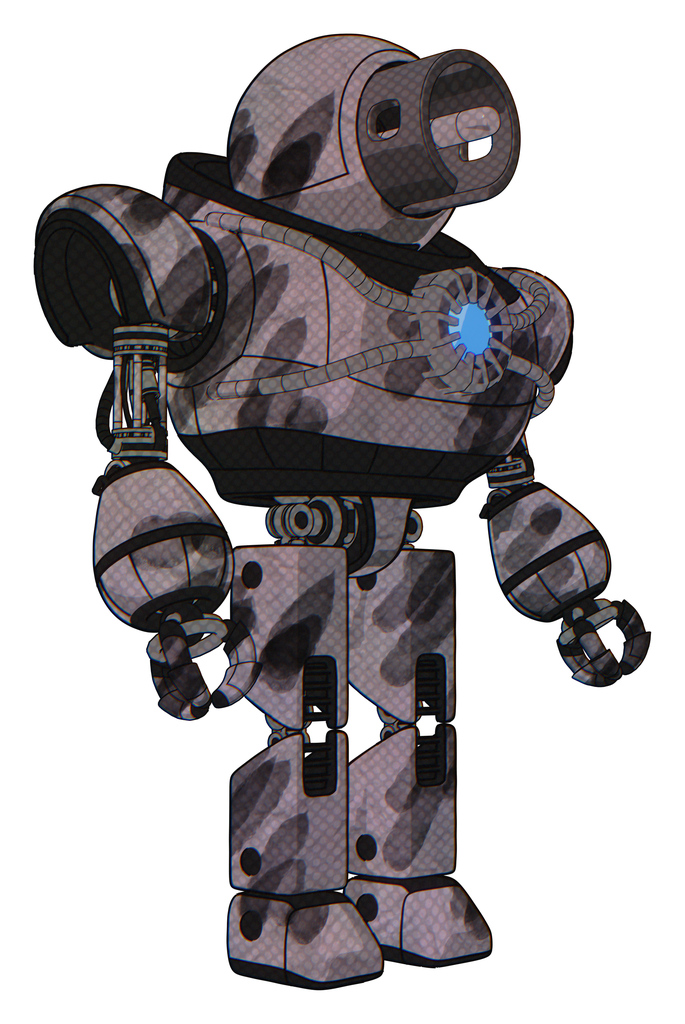 Droid containing cable connector head and heavy upper chest and chest blue energy core and prototype exoplate legs. Sketch pad wet ink smudge. Facing left view.