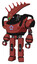 Mech containing flat elongated skull head and heavy upper chest and circle of blue leds and prototype exoplate legs. Light brick red. Standing looking right restful pose.