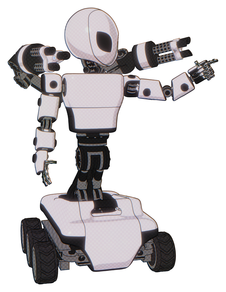 Mech containing grey alien style head and black eyes and light chest exoshielding and prototype exoplate chest and minigun back assembly and six-wheeler base. White halftone toon.