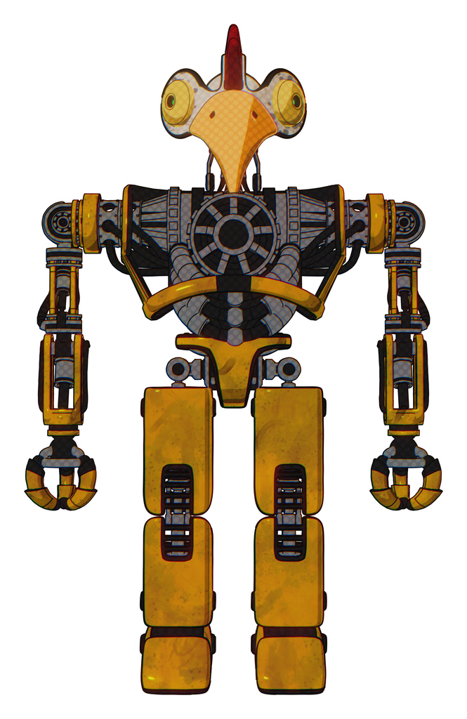 Cyborg containing bird skull head and brass steampunk eyes and chicken design and heavy upper chest and no chest plating and prototype exoplate legs. Worn construction yellow. Front view.
