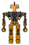 Cyborg containing bird skull head and brass steampunk eyes and chicken design and heavy upper chest and no chest plating and prototype exoplate legs. Worn construction yellow. Front view.