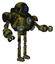 Droid containing digital display head and three horizontal line design and heavy upper chest and chest green energy cores and ultralight foot exosuit. Grunge army green. Interacting.