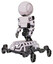 Bot containing round head and light chest exoshielding and prototype exoplate chest and insect walker legs. White halftone toon. Facing right view.