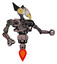 Robot containing bird skull head and brass steampunk eyes and robobeak design and heavy upper chest and no chest plating and jet propulsion. Powder pink metal. Interacting.