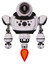 Robot containing cable connector head and heavy upper chest and chest compound eyes and jet propulsion. White halftone toon. Front view.
