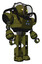 Bot containing oval wide head and yellow eyes and barbed wire visor helmet and heavy upper chest and triangle of blue leds and prototype exoplate legs. Army green halftone. Facing left view.
