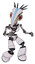 Bot containing bird skull head and red led circle eyes and head shield design and light chest exoshielding and no chest plating and light leg exoshielding. White halftone toon. Fight or defense pose..