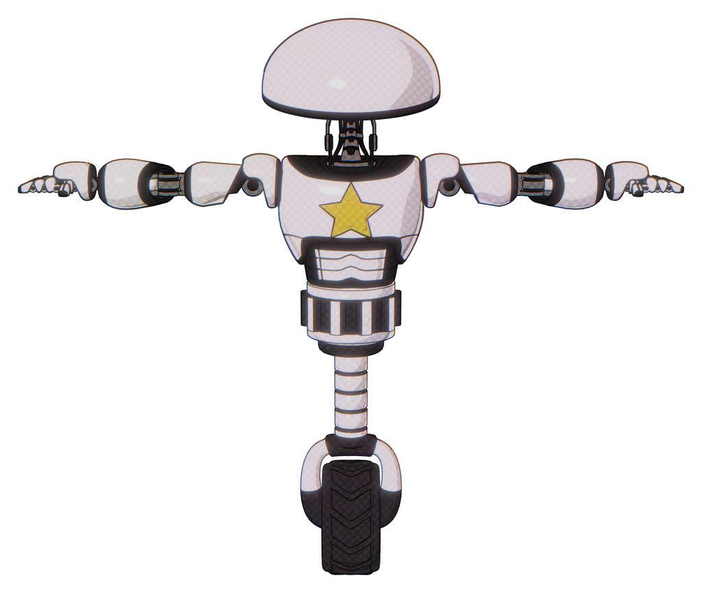 Mech containing dome head and light chest exoshielding and yellow star and unicycle wheel. White halftone toon. T-pose.