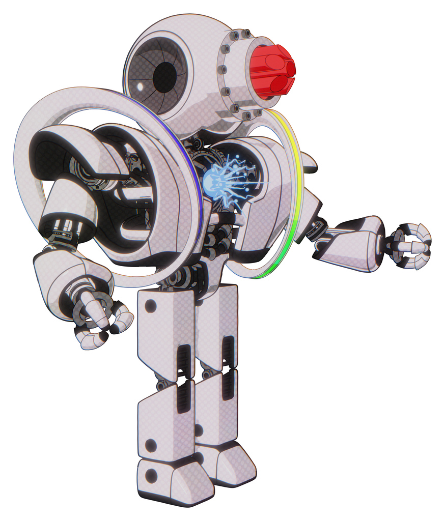 Robot containing round head and red laser crystal array and heavy upper chest and heavy mech chest and spectrum fusion core chest and prototype exoplate legs. White halftone toon. Interacting.
