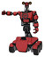 Droid containing dual retro camera head and simple blue telescopic eye head and light chest exoshielding and chest valve crank and rocket pack and six-wheeler base. Primary red halftone.