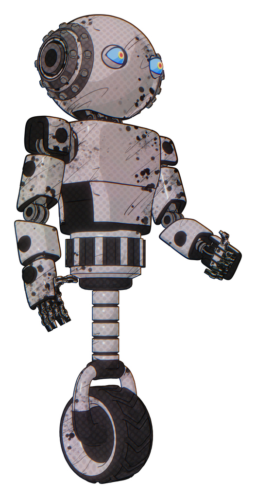 Bot containing oval wide head and blue eyes and steampunk iron bands with bolts and light chest exoshielding and prototype exoplate chest and unicycle wheel. Grunge sketch dots. Facing left view.