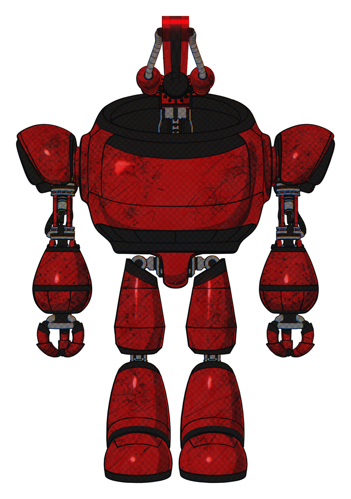 Robot containing dual retro camera head and laser gun head and heavy upper chest and light leg exoshielding. Red blood grunge material. Front view.