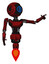 Mech containing digital display head and large eye and light chest exoshielding and ultralight chest exosuit and jet propulsion. Grunge dots dark red. Pointing left or pushing a button..